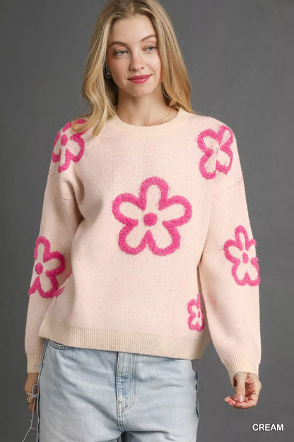 Umgee Round Neck Sweater with Pink Floral Accents - Farnelli