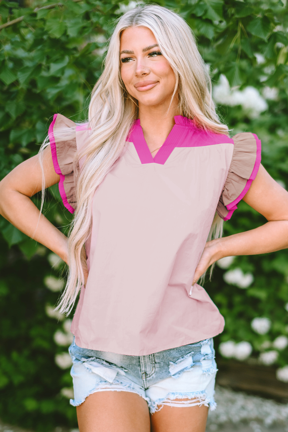 Maci Ruffled Sleeve Frill V Neck Blouse - Farnelli
