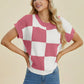 Double Take Full Size Checkered Round Neck Short Sleeve Sweater - Farnelli