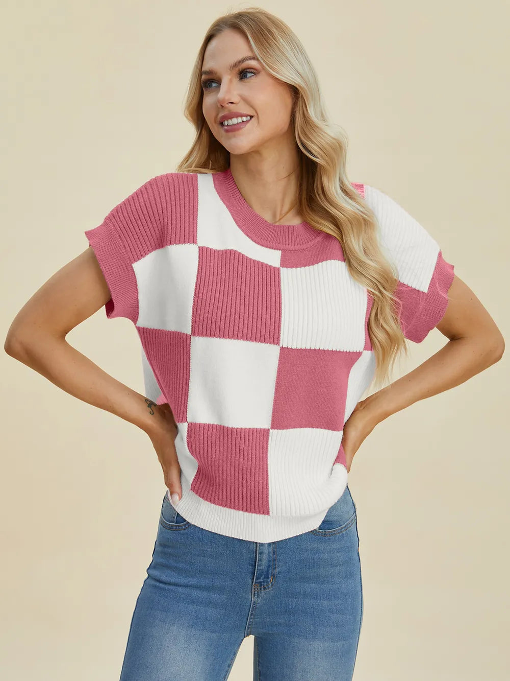 Double Take Full Size Checkered Round Neck Short Sleeve Sweater - Farnelli