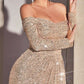CLEARANCE - Ladivine CH135 Long Sequin Off the Shoulder Long Sleeve Gown (Size M)
