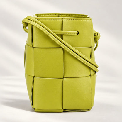 ComeBackDude chic woven mini crossbody bucket bag in kiwi gold, lightweight shoulder handbag with woven texture and compact design.