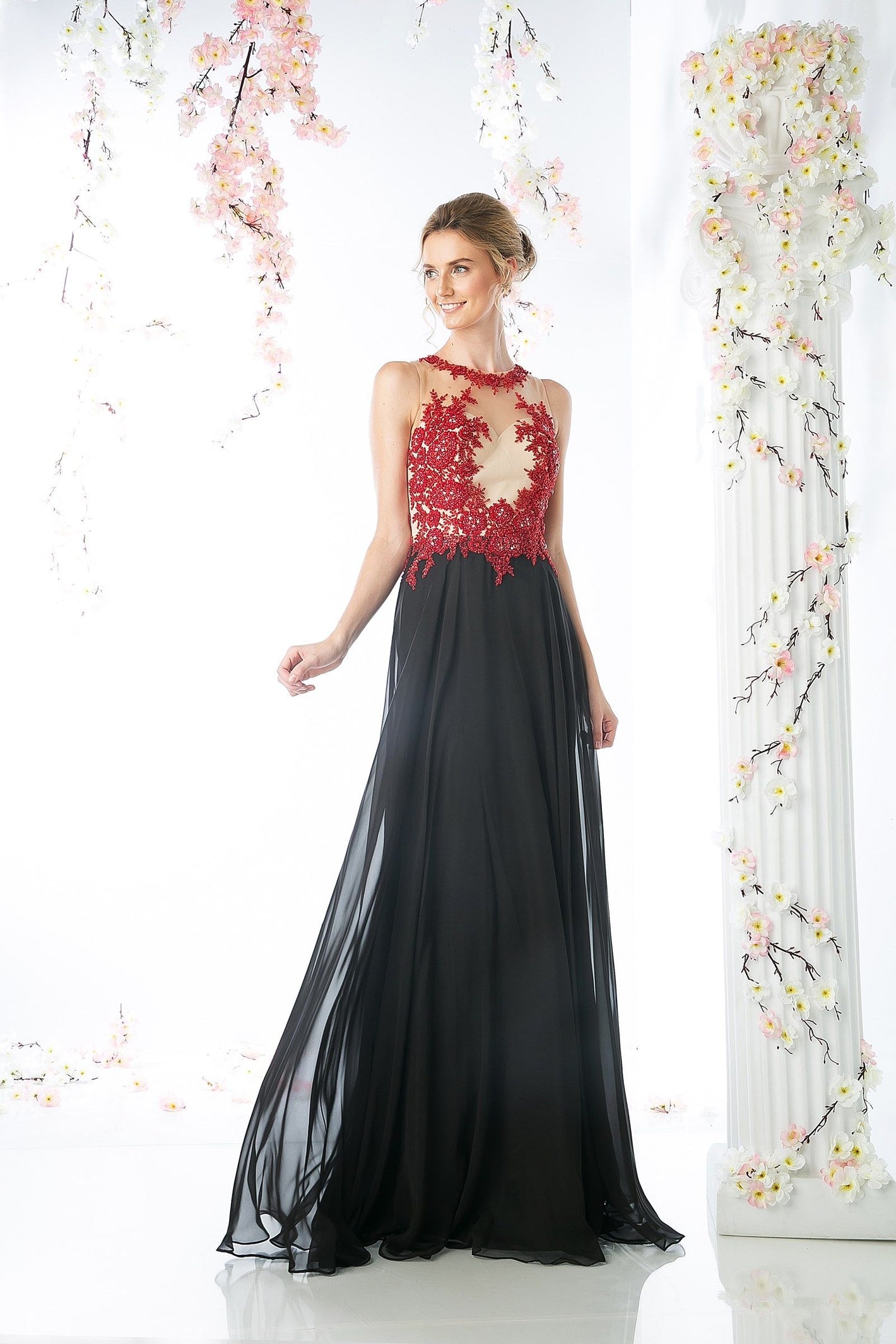Lace Bodice Chiffon Sheath Dress - Farnelli