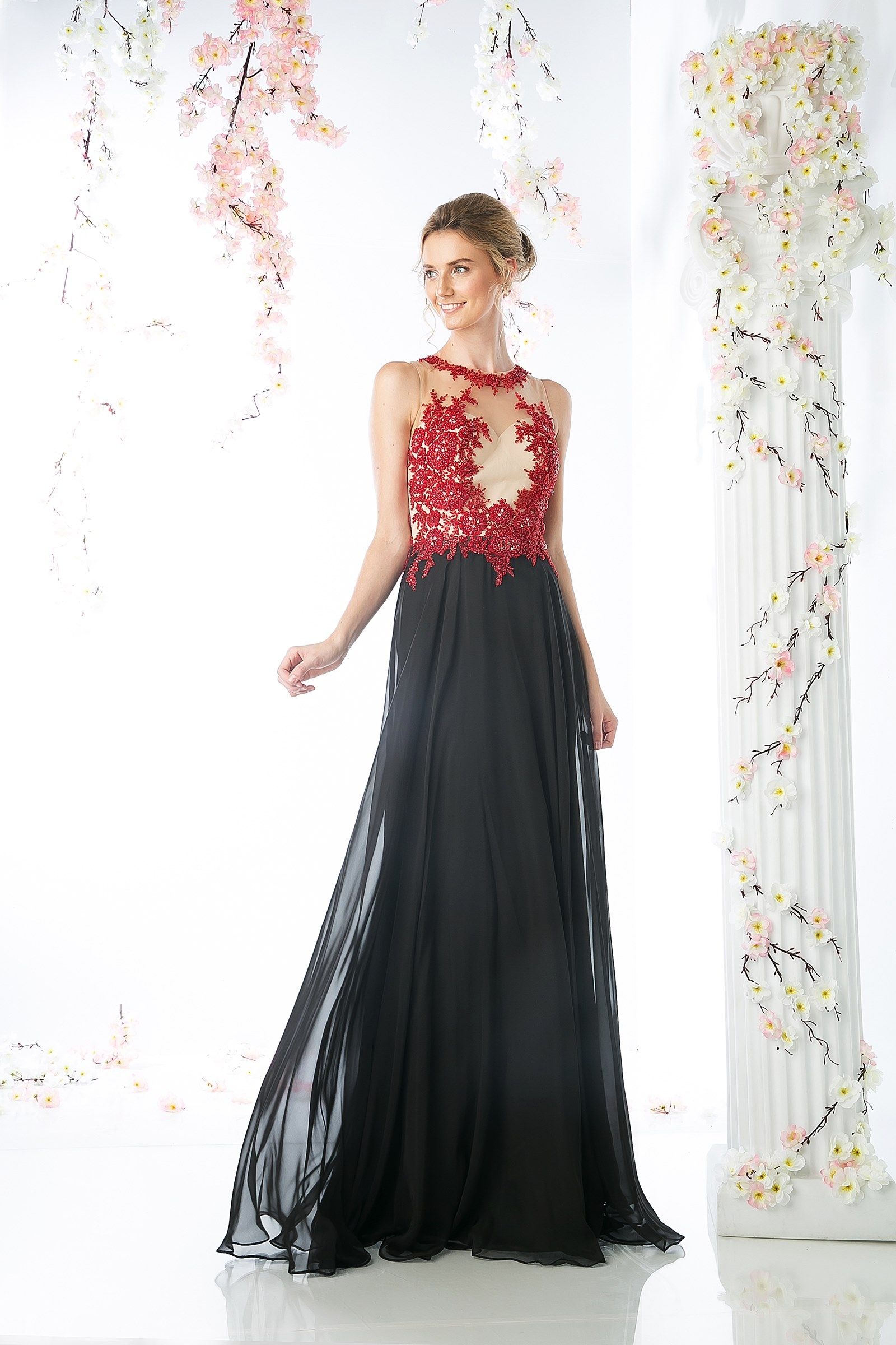 Lace Bodice Chiffon Sheath Dress - Farnelli