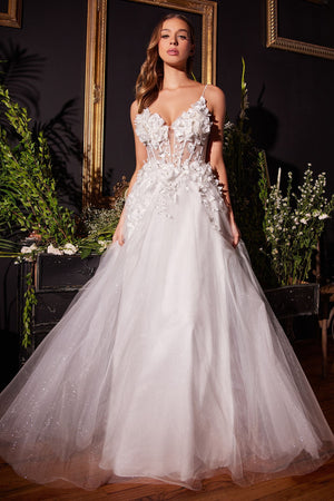 Floral Applique A-Line Tulle Bridal Gown - Farnelli