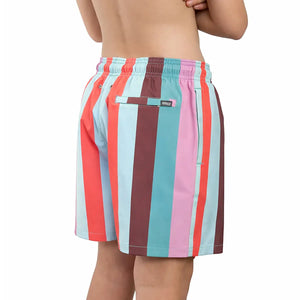 Back view of boys' Coastal Cabana Zest hybrid swim and play trunks by Capelle Miami with a colorful coastal pattern.