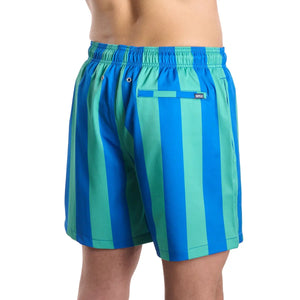 Capelle Miami Coastal Cabana hybrid swim trunks with ocean and palm print, featuring compression lining for comfort and style.