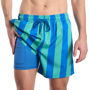 Capelle Miami Coastal Cabana hybrid swim trunk with ocean and palm print, compression-lined for comfort and style.