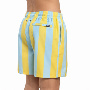 Boys Capelle Miami Coastal Cabana hybrid swim and play trunks with sun and sky design, back view showing vibrant pattern.