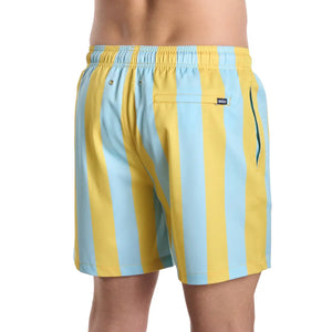 Capelle Miami Coastal Cabana Sun and Sky hybrid swim trunks with printed design and compression lining, back view showing stylish pattern.