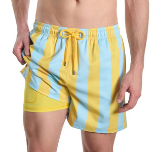 Capelle Miami Coastal Cabana hybrid swim trunks with vibrant sun and sky print, compression-lined for comfort and style.