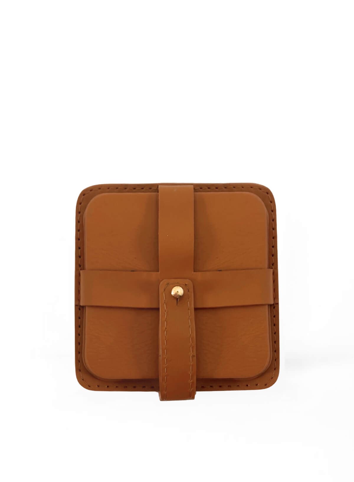 Deux Mains square cognac leather coasters, set of 4 with holder, front view