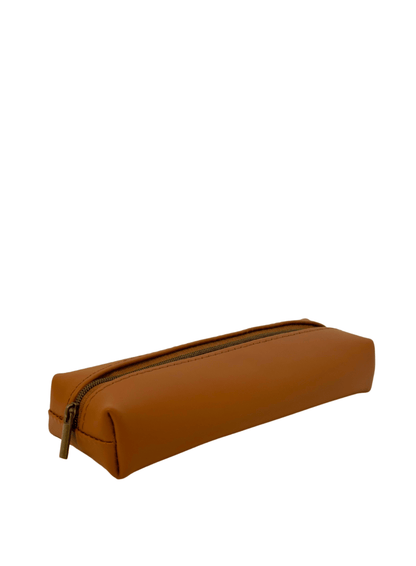 Deux Mains cognac leather pencil case, front view