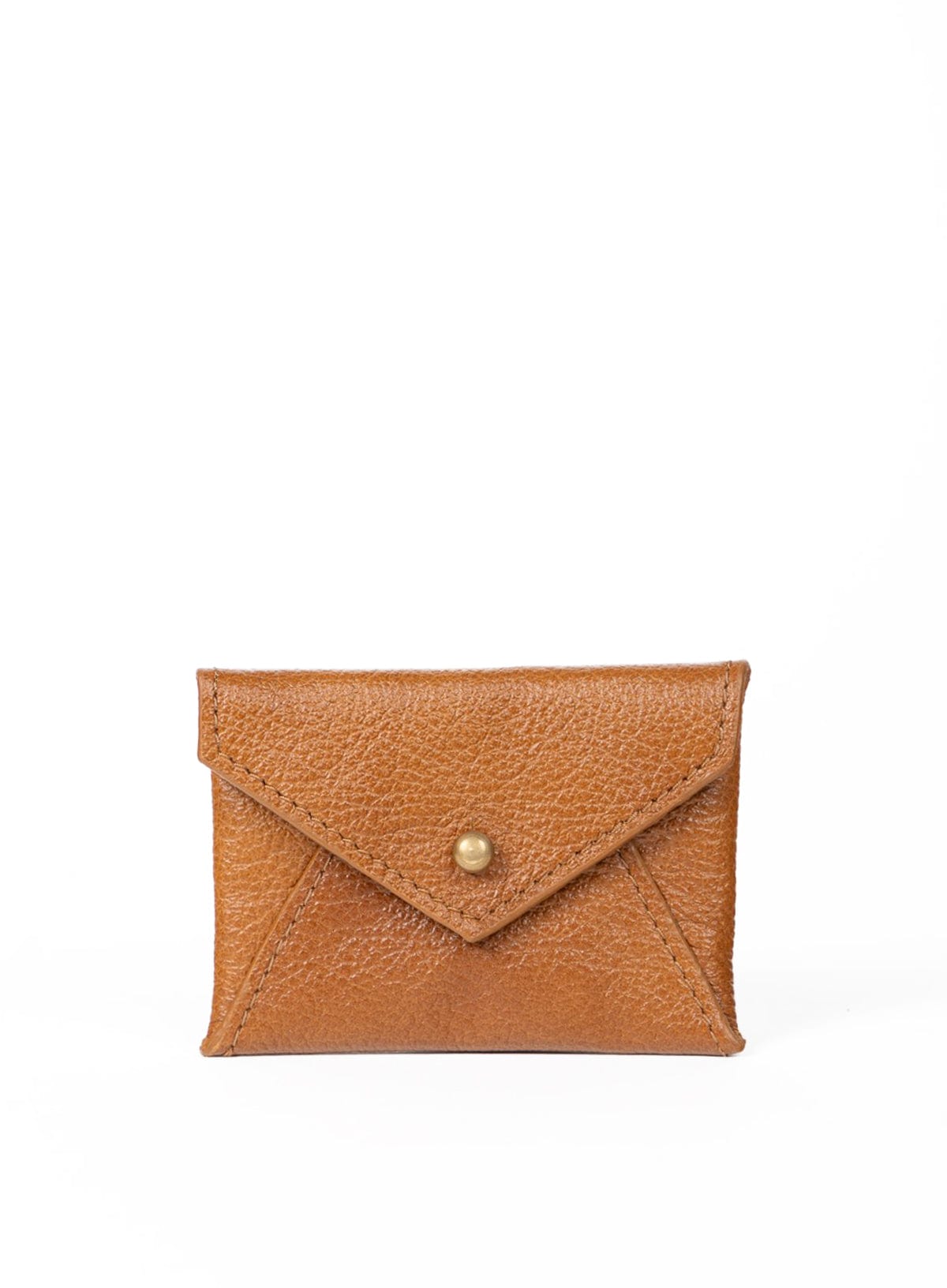 Deux Mains cognac leather coin pouch, front view