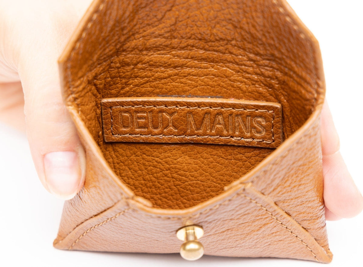 Deux Mains cognac leather coin pouch interior view with main compartment and card slots