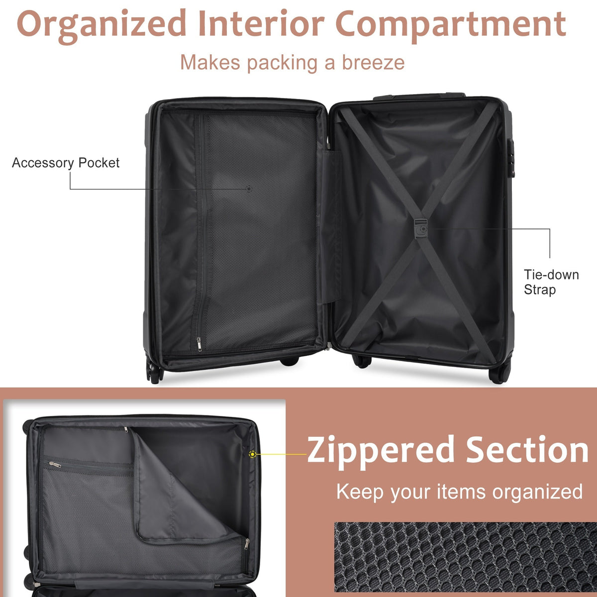 HouseOfZazla brown and white expandable hardshell 6-piece luggage set with TSA locks