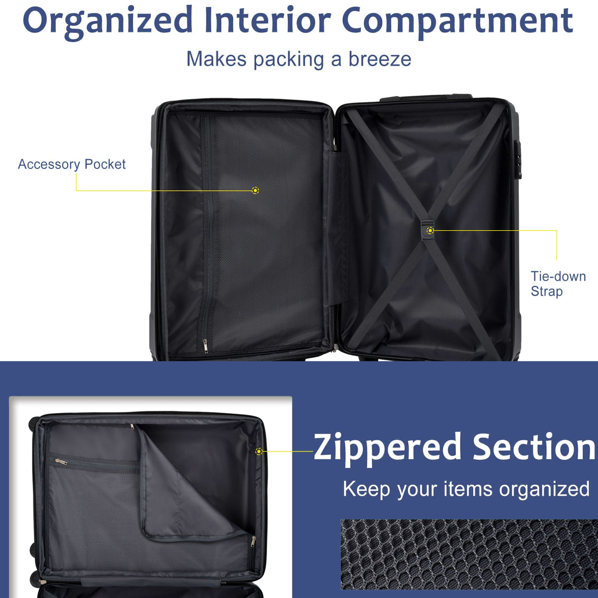 HouseOfZazla hardshell 6-piece blue luggage set with matching suitcases and travel bags