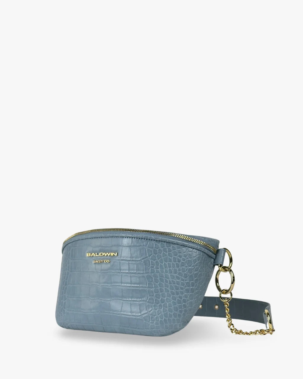 Baldwin Baby Company Ono Crossbody Belt Bag diaper bag in blue, angled view