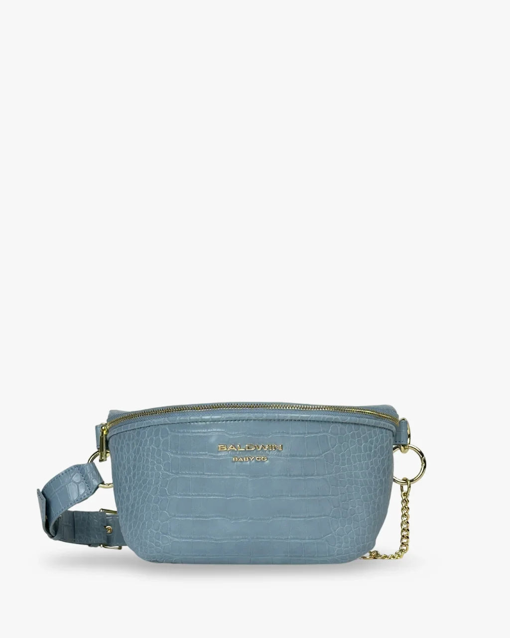 Baldwin Baby Company Ono Crossbody Belt Bag in Zephyr blue, front view of diaper bag