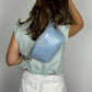 Baldwin Baby Company Ono Zephyr blue crossbody belt bag diaper bag, modeled from back