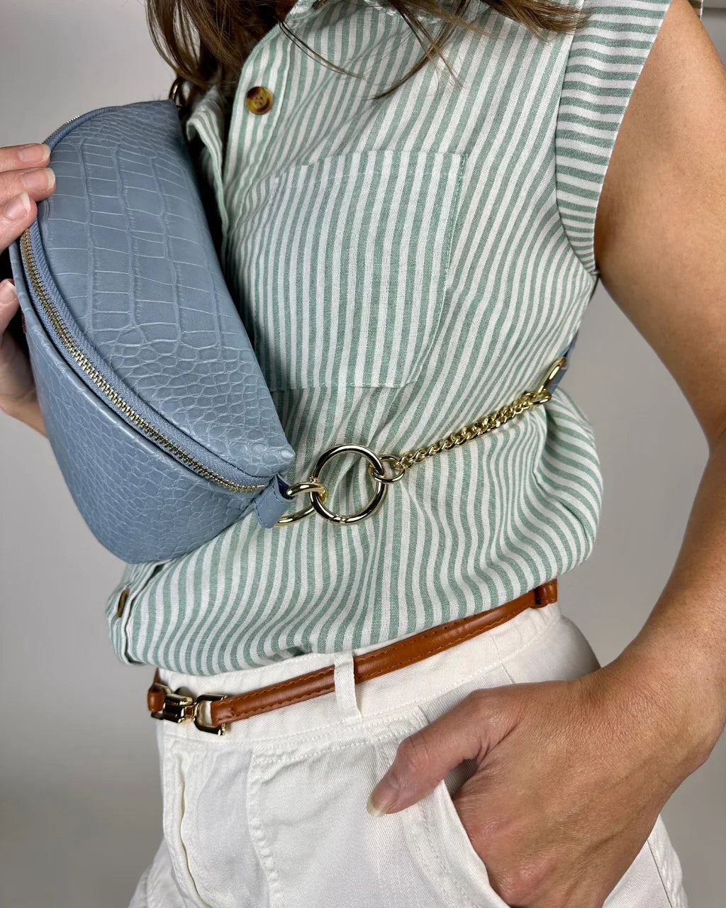 Baldwin Baby Company Ono Crossbody Belt Bag in blue, modeled with visible hardwareWinvalid