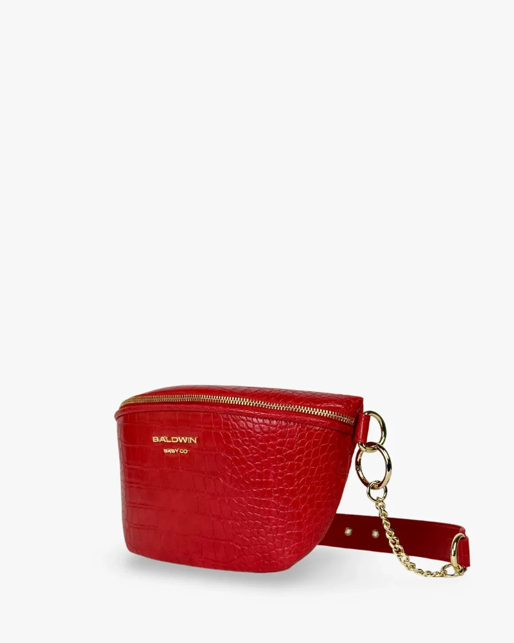 Baldwin Baby Company Ono Crossbody Belt Bag in cardinal red, angled view of compact diaper bag