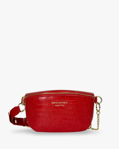 Baldwin Baby Company Ono Cardinal red crossbody belt diaper bag front view