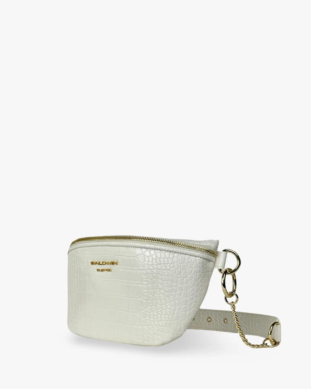 Baldwin Baby Company Ono Crossbody Belt Bag diaper bag in white, angled view