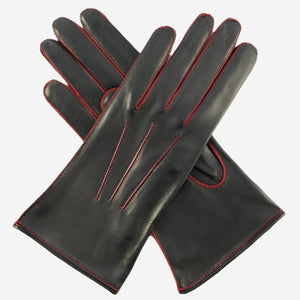 CS4175 (black/red) - Women's Italian Silk Lined Leather Gloves with Contrast Decorative Stitching