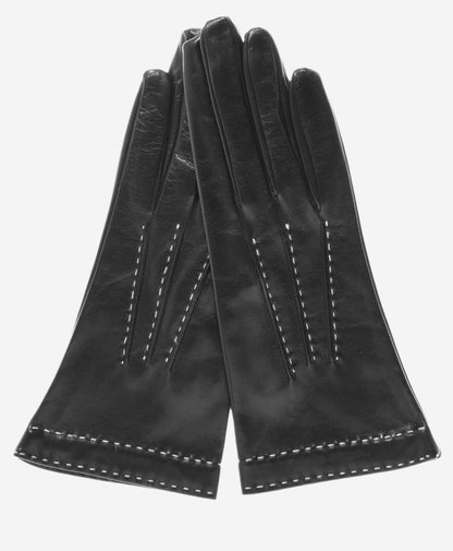 CS4204 (black) - Women's Italian Silk Lined Leather Gloves with Contrast Decorative Stitching