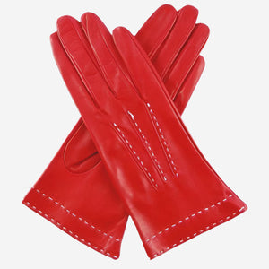 CS4204 (red) - Women's Italian Silk Lined Leather Gloves with Contrast Decorative Stitching