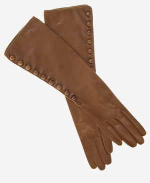 CS4820W8 (camel) - Women’s Italian silk lined elbow length lambskin leather gloves with buttons