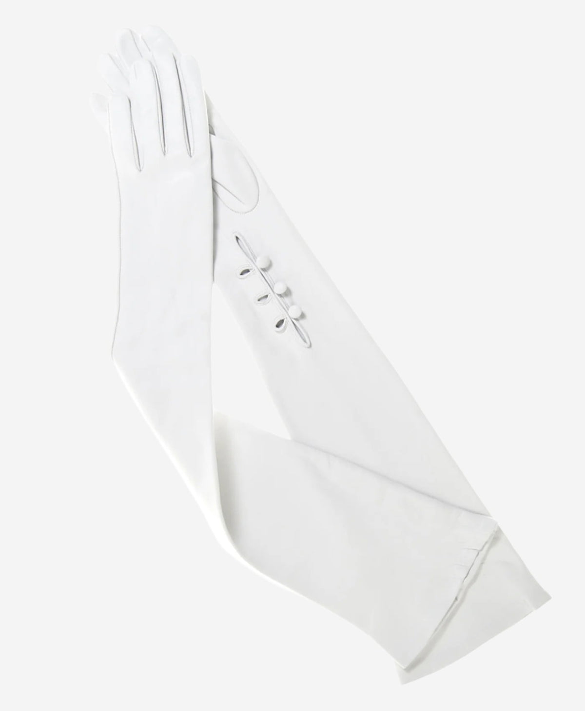 Angelina ivory Italian silk-lined leather opera gloves with 12-button length, elegant bridal or formal wear accessory.
