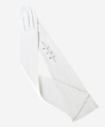 Angelina ivory Italian silk-lined leather opera gloves with 12-button length, elegant bridal or formal wear accessory.