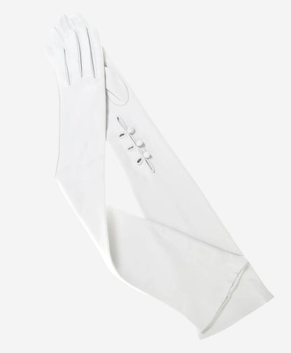 Angelina ivory Italian silk-lined leather opera gloves with 12-button length, elegant bridal or formal wear accessory.