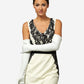 Ivory Italian silk-lined 16-button leather opera gloves, Angelina style by Leather Gloves Online, displayed on a model's hands.