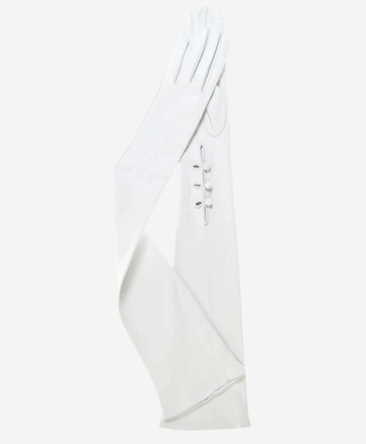 Ivory Italian silk-lined 16-button leather opera gloves by Leather Gloves Online, displayed on a neutral background.