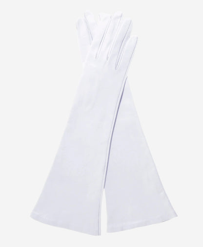 Angelina ivory Italian silk-lined leather opera gloves with six buttons, elegant bridal or formal accessory.