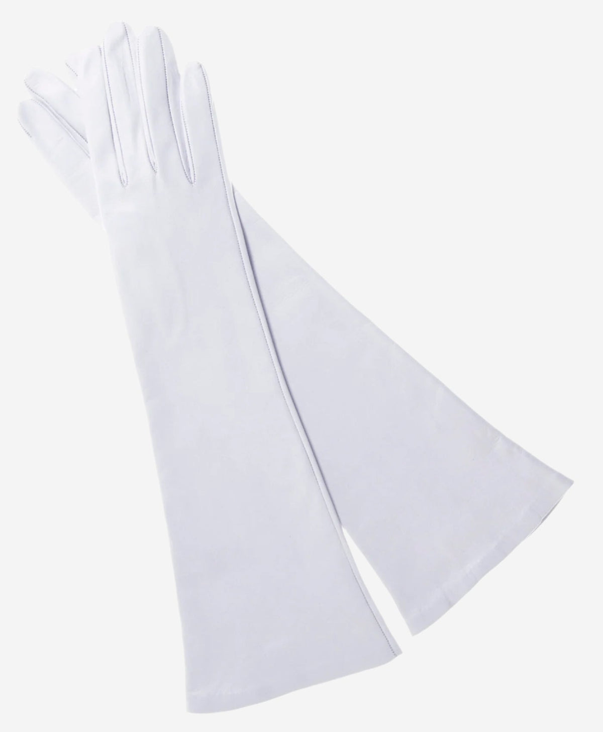 Ivory Italian silk-lined leather opera gloves with 8-button length, designed for bridal or formal occasions.
