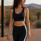 Trophy Yoga side split crop top with four-way stretch fabric, made in USA