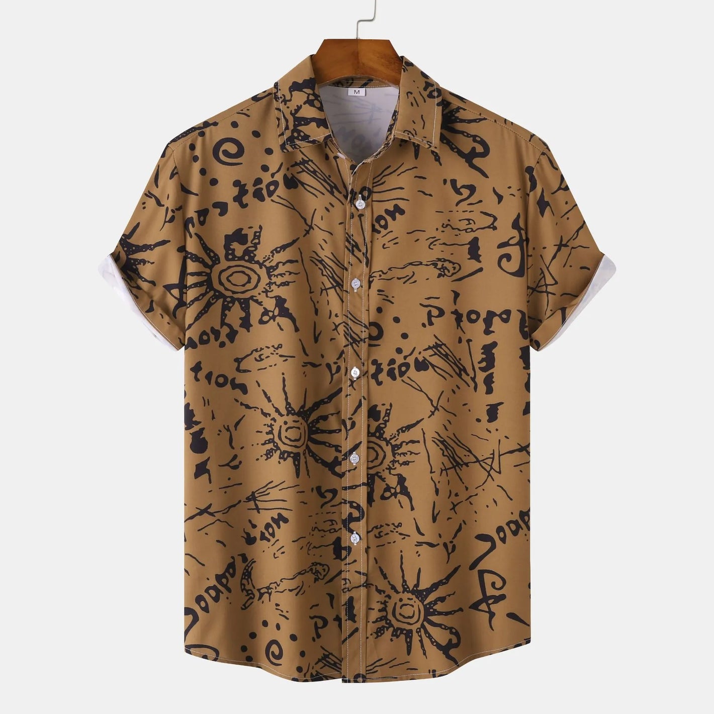 Men's Plus Size Vintage Sun Print Short Sleeve Button-Up Shirt - Farnelli