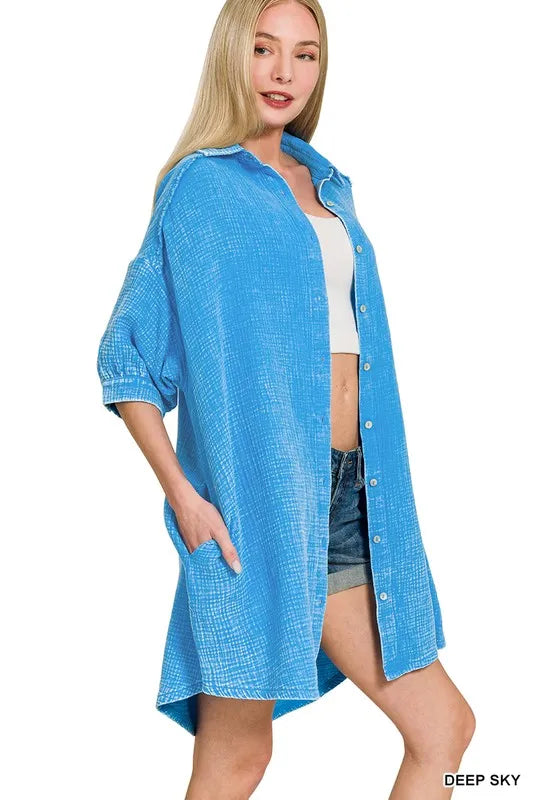 Zenana Washed Double Gauze Button Down Shirt Dress - Farnelli