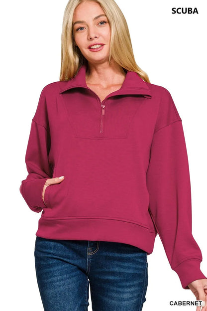 Zenana Scuba Half Zip Sweatshirt with Pockets - Farnelli
