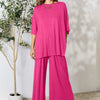 Double Take Full Size Round Neck Slit Top and Pants Set - Hot Pink