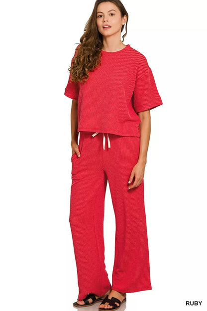Zenana Raised Rib Short Sleeve Tee & Pants Set - Farnelli