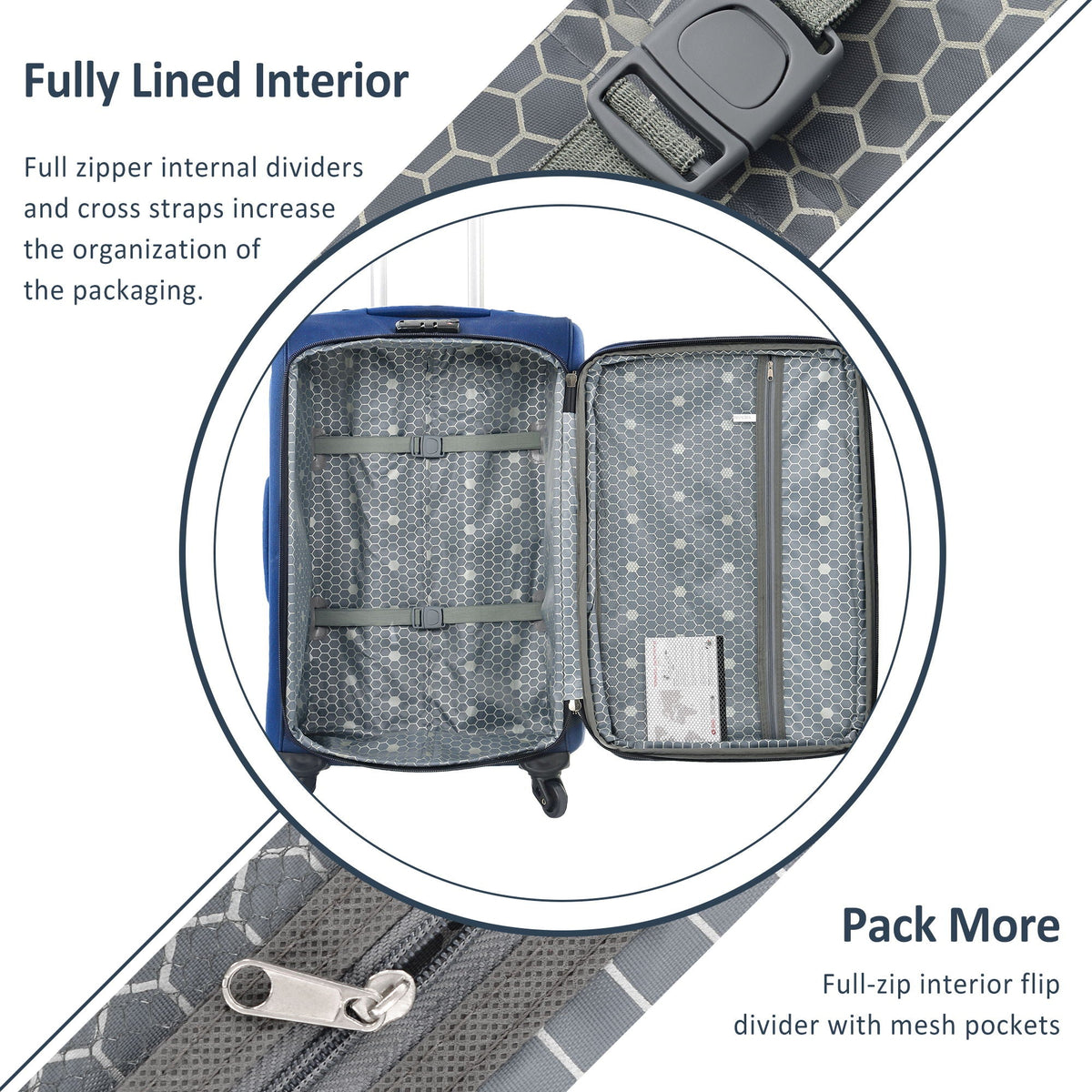 HouseOfZazla expandable softside luggage 3-piece set with spinner wheels in multiple colors