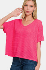 Zenana Drop Shoulder Short Sleeve Jacquard Knit Top - Farnelli