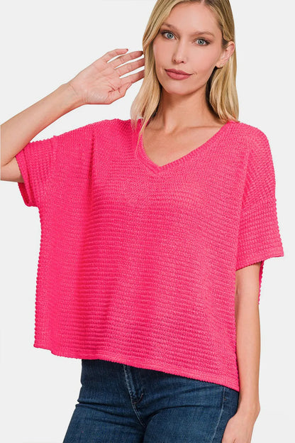 Zenana Drop Shoulder Short Sleeve Jacquard Knit Top - Farnelli