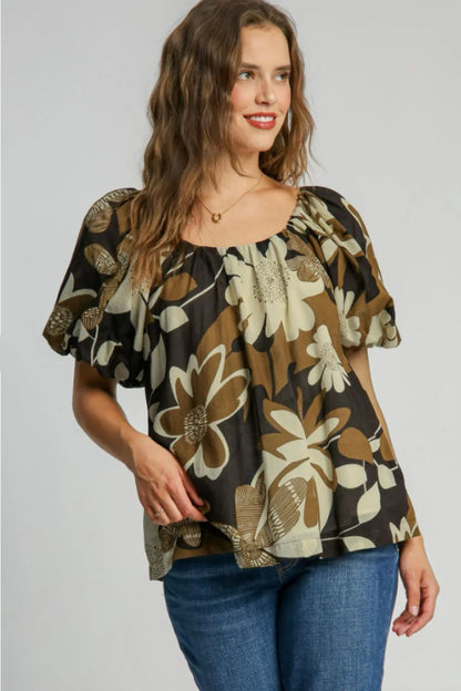 Umgee Full Size Print Round Neck Puff Sleeve Top Plus Size - Farnelli