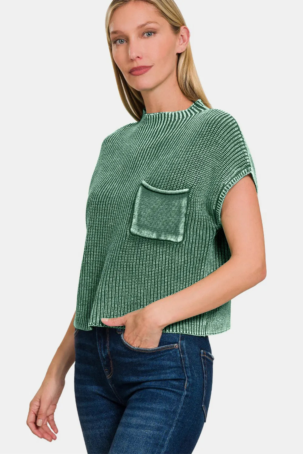 Zenana Washed Mock Neck Short Sleeve Cropped Sweater - Farnelli